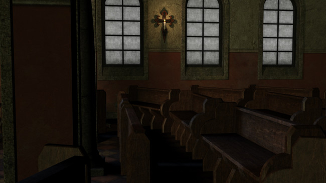 Обои картинки фото 3д, графика, religion, религия, скамейки, окна, свеча, крест