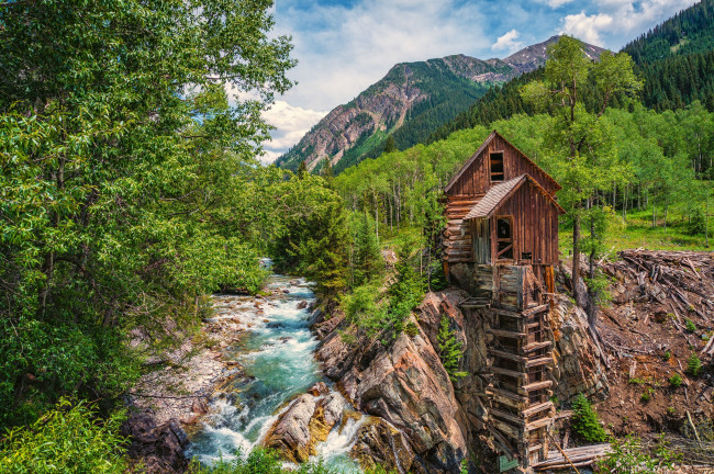 Обои картинки фото crystal, mill, colorado, природа, пейзажи, river, кристал, колорадо, водяная, мельница, река, лес, деревья, горы