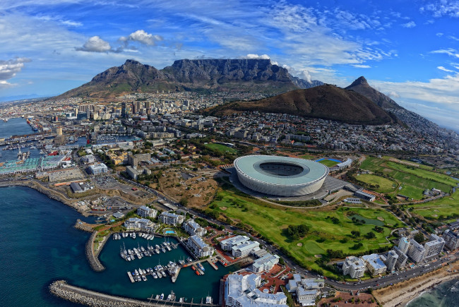 Обои картинки фото города, кейптаун, юар, панорама, стадион, побережье, south, africa, cape, town, горы, порт
