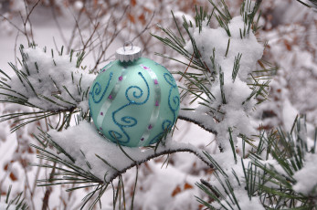 Картинка праздничные украшения рождество новый год украшение шар иголки сосна снег зима