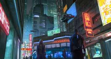 Картинка фэнтези иные+миры +иные+времена cyberpunk город улица ночь прохожие