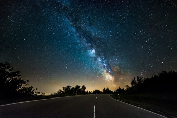 обоя космос, галактики, туманности, дорога, деревья, звезды, млечный, путь