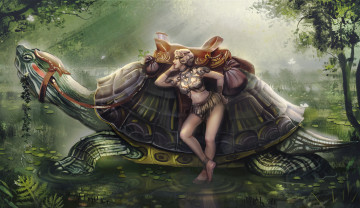 обоя фэнтези, красавицы и чудовища, гигантская, седло, черепаха, наездник, девушка