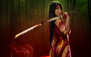 Картинка фэнтези девушки меч азиатка девушка бамбук лес катана кровь