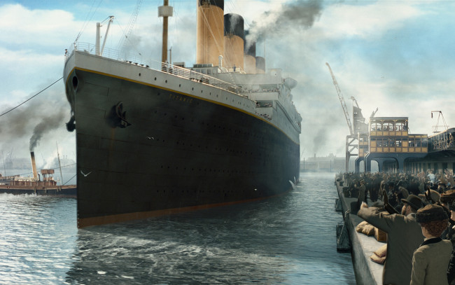 Обои картинки фото корабли, рисованные, люди, гавань, корабль, титаник