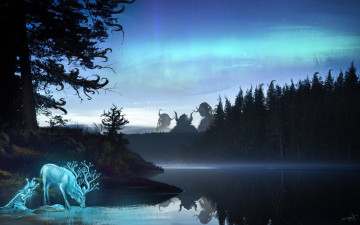 Картинка фэнтези иные+миры +иные+времена животное существа отражение арт рога фантастика лес олень вода озеро деревья
