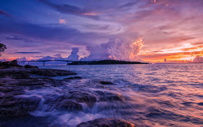 Обои картинки фото природа, восходы, закаты, облака, мост, море