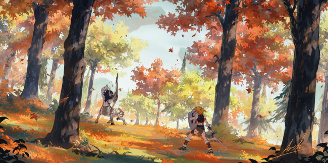 Обои картинки фото видео игры, the legend of zelda, лес, осень, кентавр, эльф