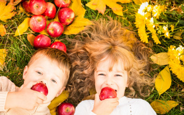 Картинка разное дети мальчик девочка листья яблоки