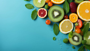 Картинка еда фрукты +ягоды киви апельсин клубника