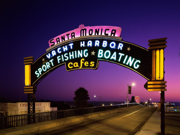 Обои картинки фото santa, monica, pier, california, города, огни, ночного