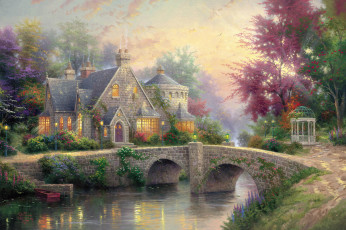 обоя thomas, kinkade, рисованные, река, мост, беседка, дом