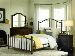 Картинка интерьер спальня тумбочки подушки кровать