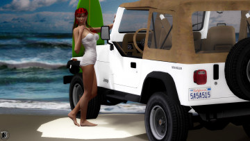 обоя автомобили, 3d car&girl, девушка, взгляд, фон, рыжая, автомобиль, песок, пляж, море, купальник, доска