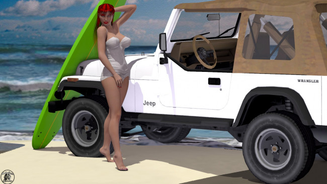 Обои картинки фото автомобили, 3d car&girl, девушка, взгляд, фон, рыжая, автомобиль, песок, пляж, море, купальник, доска