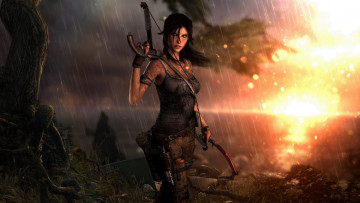 обоя видео игры, tomb raider 2013, фон, дождь, оружие, взгляд, девушка