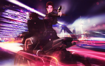 обоя видео игры, tomb raider 2013, пистолет, взгляд, фон, девушка, мотоцикл