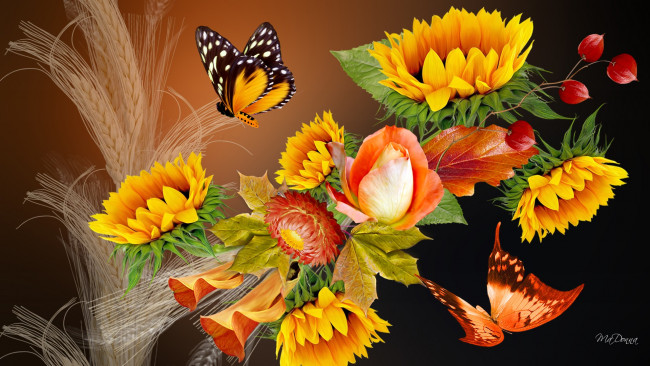 Обои картинки фото разное, компьютерный дизайн, подсолнухи, бабочки, цветы, колосья