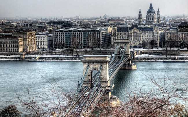 Обои картинки фото города, будапешт , венгрия, зима, река, мост