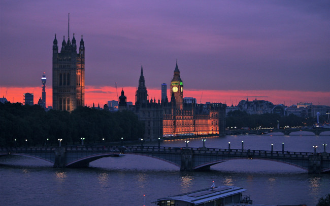 Обои картинки фото города, лондон , великобритания, река, фонари, вечер, мост
