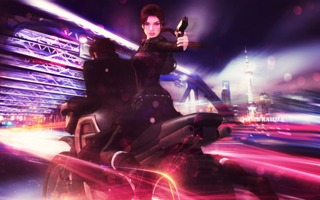 Обои картинки фото видео игры, tomb raider 2013, пистолет, взгляд, фон, девушка, мотоцикл