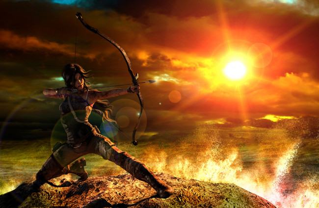 Обои картинки фото видео игры, tomb raider 2013, стрела, лук, солнце, фон, девушка