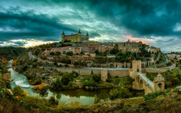Картинка города толедо+ испания мосты замок река крепость