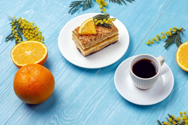 Обои картинки фото еда, кофе,  кофейные зёрна, мимоза, апельсин, пирожное