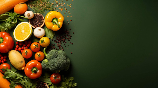 Обои картинки фото еда, овощи, брокколи, перец, чеснок, помидоры, зелень