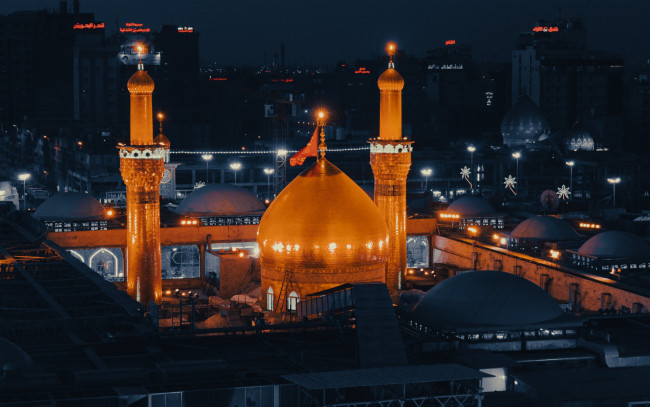 Обои картинки фото города, - огни ночного города, кербела, ирак, мусульманство, свет, ночных, огней, минарет, author, zayn, shah
