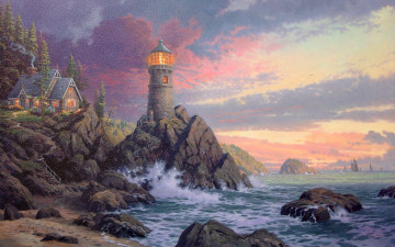 Картинка thomas kinkade рисованные море побережье маяк