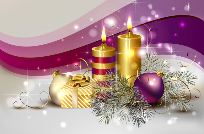 Обои картинки фото праздничные, векторная, графика, новый, год, шарики, подарок, свечи