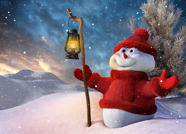 Обои картинки фото праздничные, снеговики, зима, снег, фонарь
