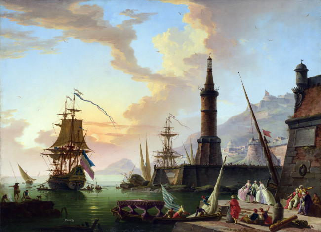 Обои картинки фото рисованные, живопись, порт, пристань, маяк, парусник, a seaport, claude-joseph vernet