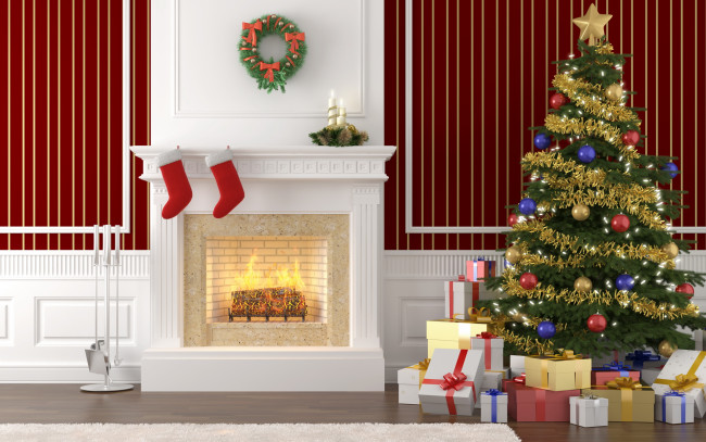 Обои картинки фото праздничные, новогодний, очаг, камин, ёлка, подарки