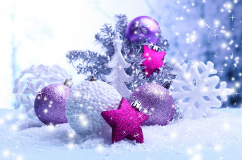 обоя праздничные, украшения, снег, снежинка, звёзды, шарики