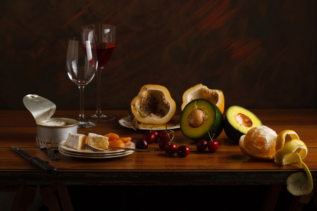 Обои картинки фото еда, разное, цитрусы, вишня, вино, авокадо