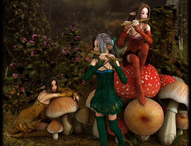 Обои картинки фото 3д графика, эльфы , elves, эльфийки, дудки, грибы, цветы