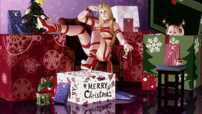 Обои картинки фото 3д графика, праздники , holidays, стол, фон, взгляд, елка, кресло, девушка, подарки