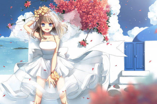 Обои картинки фото аниме, unknown,  другое, девушка, улыбка, цветы, взгляд, море, небо, лепестки, белое, платье