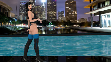 Картинка 3д+графика люди+ people девушка ночь город взгляд фон бассейн