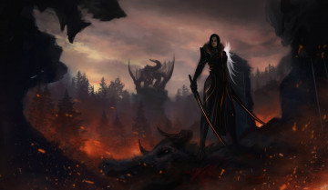 Картинка фэнтези красавицы+и+чудовища воин девушка драконы сражение