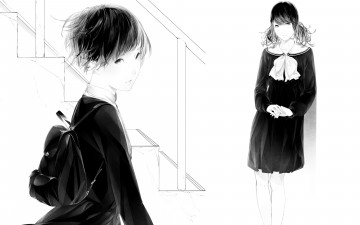 Картинка аниме unknown +другое школьницы девушки рюкзак sawasawa арт бант форма лестница