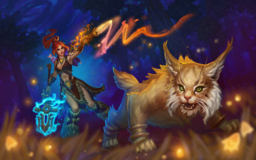 Картинка фэнтези магия хищник лес ночь копье девушка маг кот животное