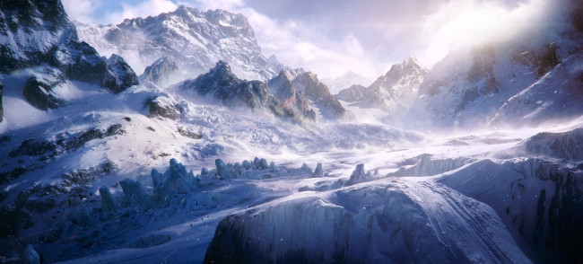 Обои картинки фото рисованное, природа, горы, туман, перевал, снег, скалы