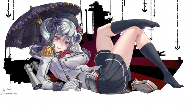 Обои картинки фото аниме, kantai collection, зонтик, девушка, арт