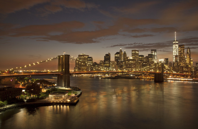 Обои картинки фото brooklyn bridge, города, нью-йорк , сша, огни, мост, ночь
