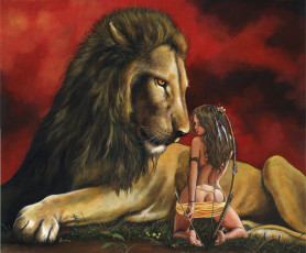 Картинка рисованное люди девушка фон лев