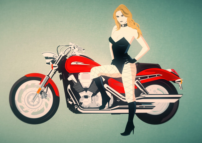 Обои картинки фото рисованное, люди, девушка, мотоцикл, корсет, фон