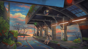 Картинка аниме город +улицы +интерьер +здания девочки